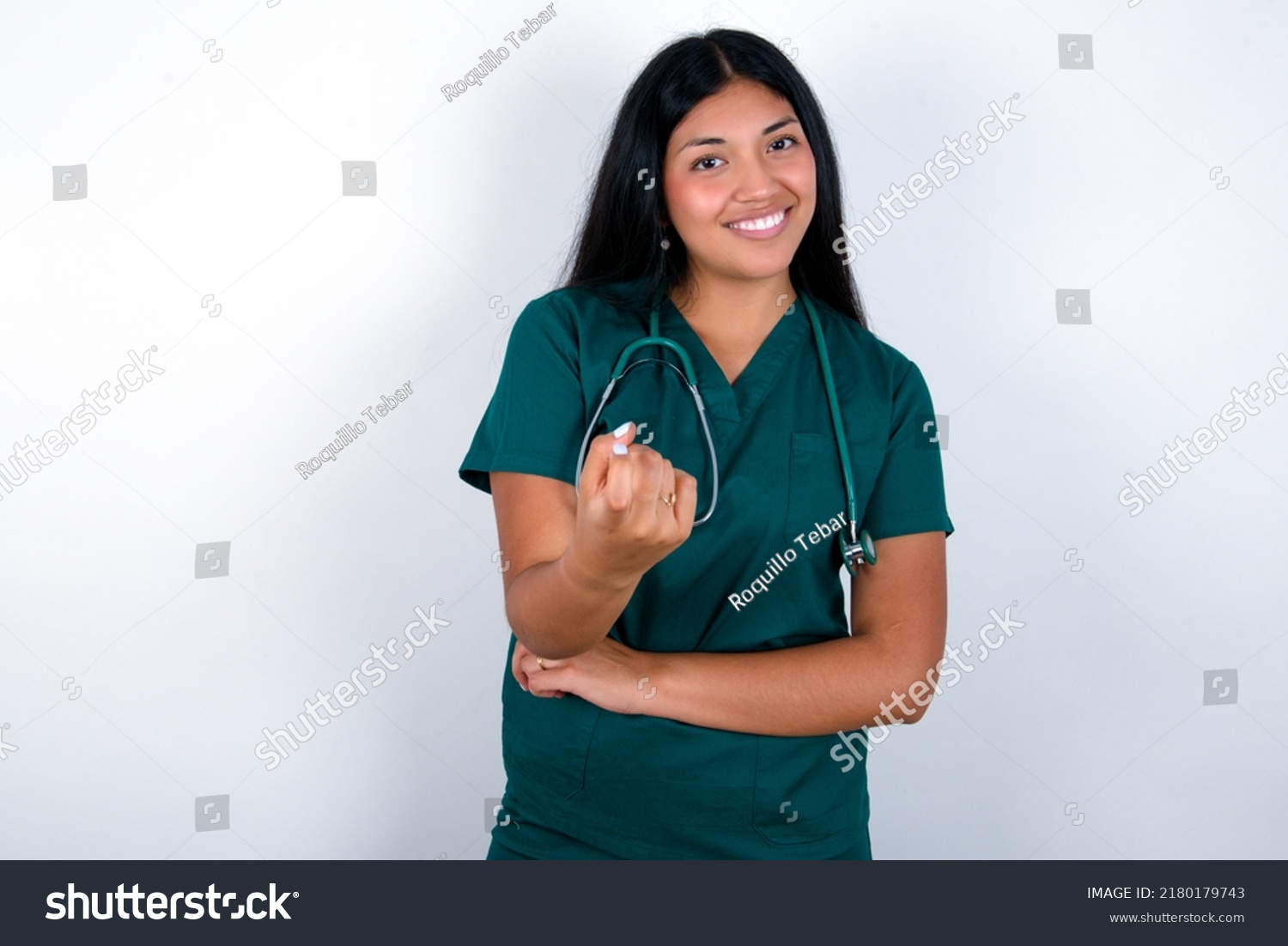 Doctor Hispanic Woman Wearing Surgeon Uniform Stock Photo 2180179743 ...