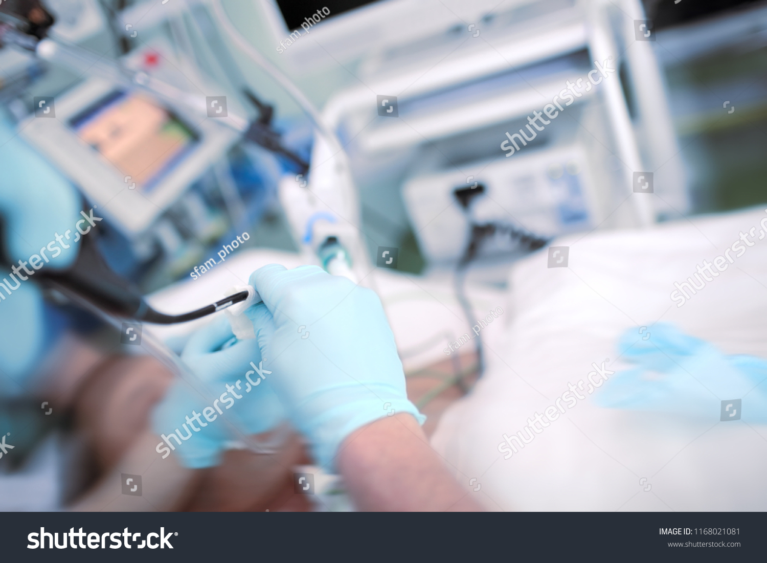 Doctor Performing Endoscopic Procedure Patient Icu Stock Photo ...