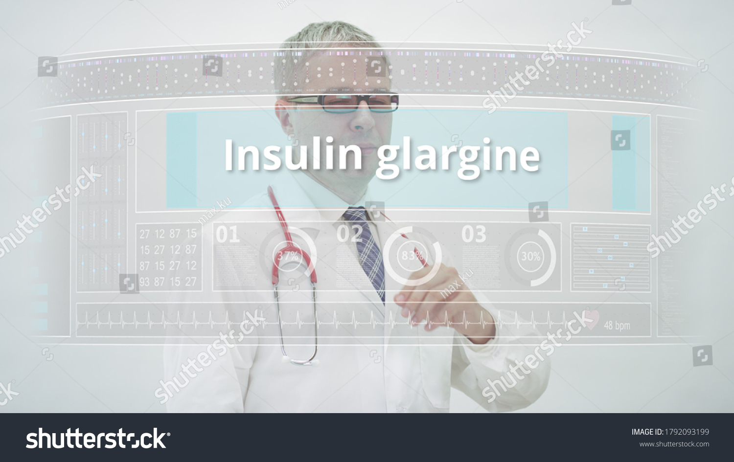 Doctor scrolls to INSULIN GLARGINE generic drug name on a touchscreen display