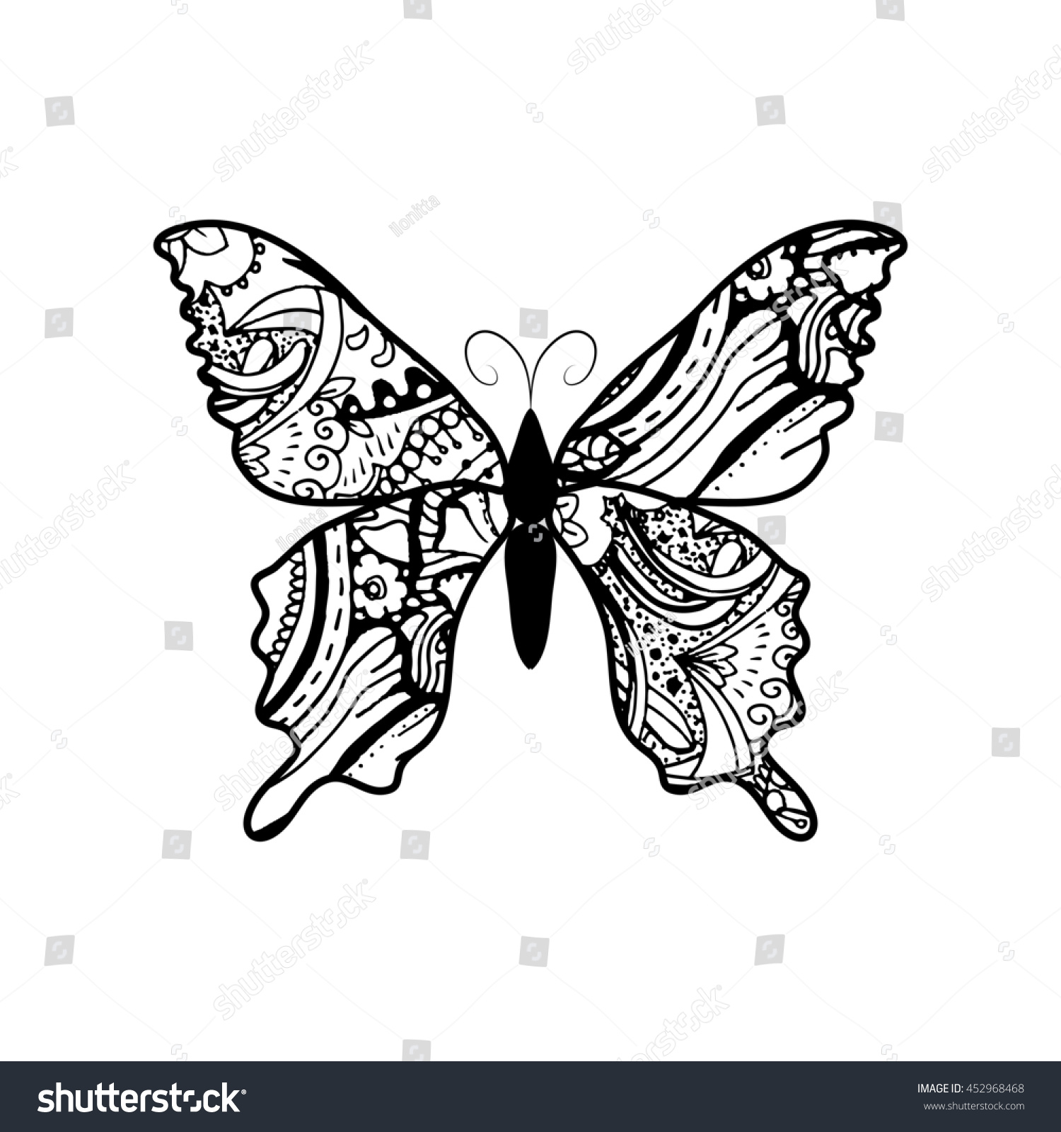 Doodle Stylized Black Butterfly Hand Drawn Stock Illustration