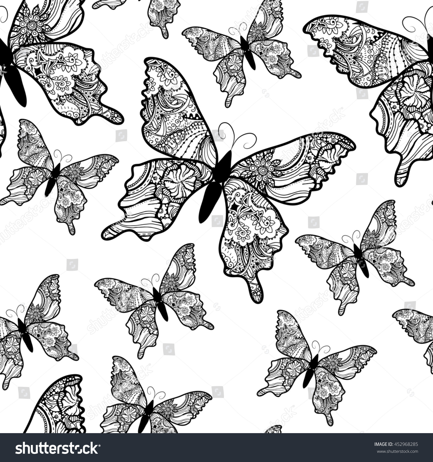 Doodle Stylized Black Butterfly Seamless Pattern Stock Illustration