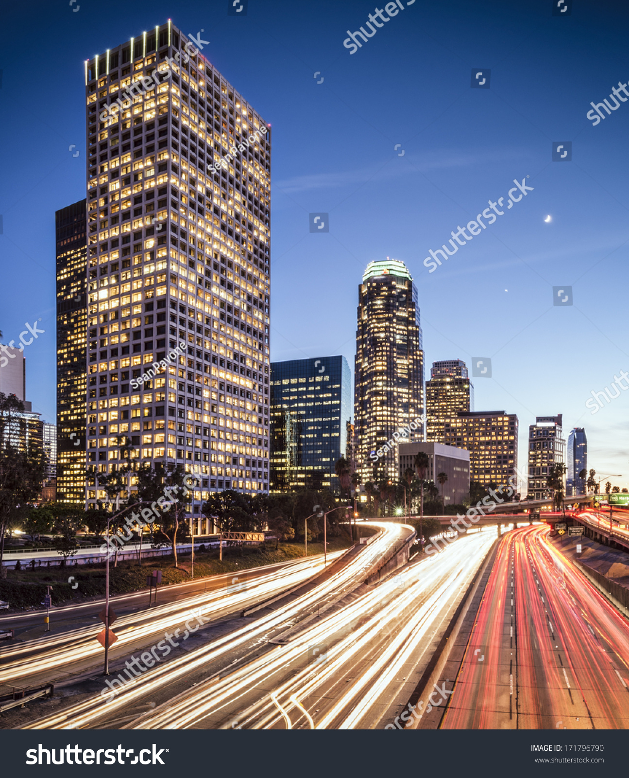 Downtown Los Angeles, California Cityscape Above The Interstate. Stock ...