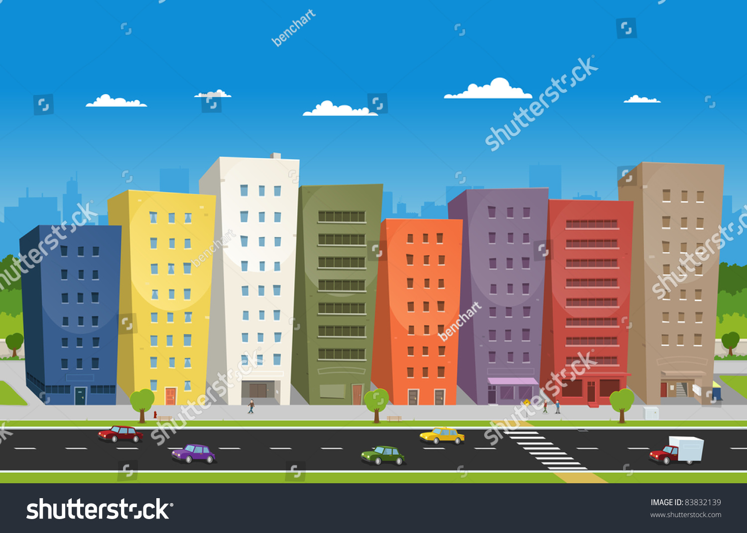 Downtown Street And Cityscape/ Illustration Of A Cartoon Downtown Scene ...