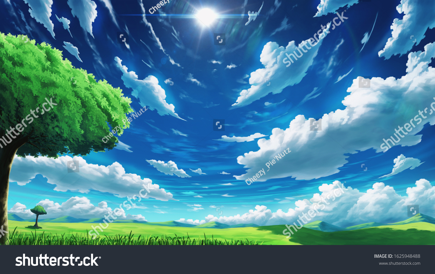 Dramatic Clouds Pattern On Hill Anime Stock Illustration