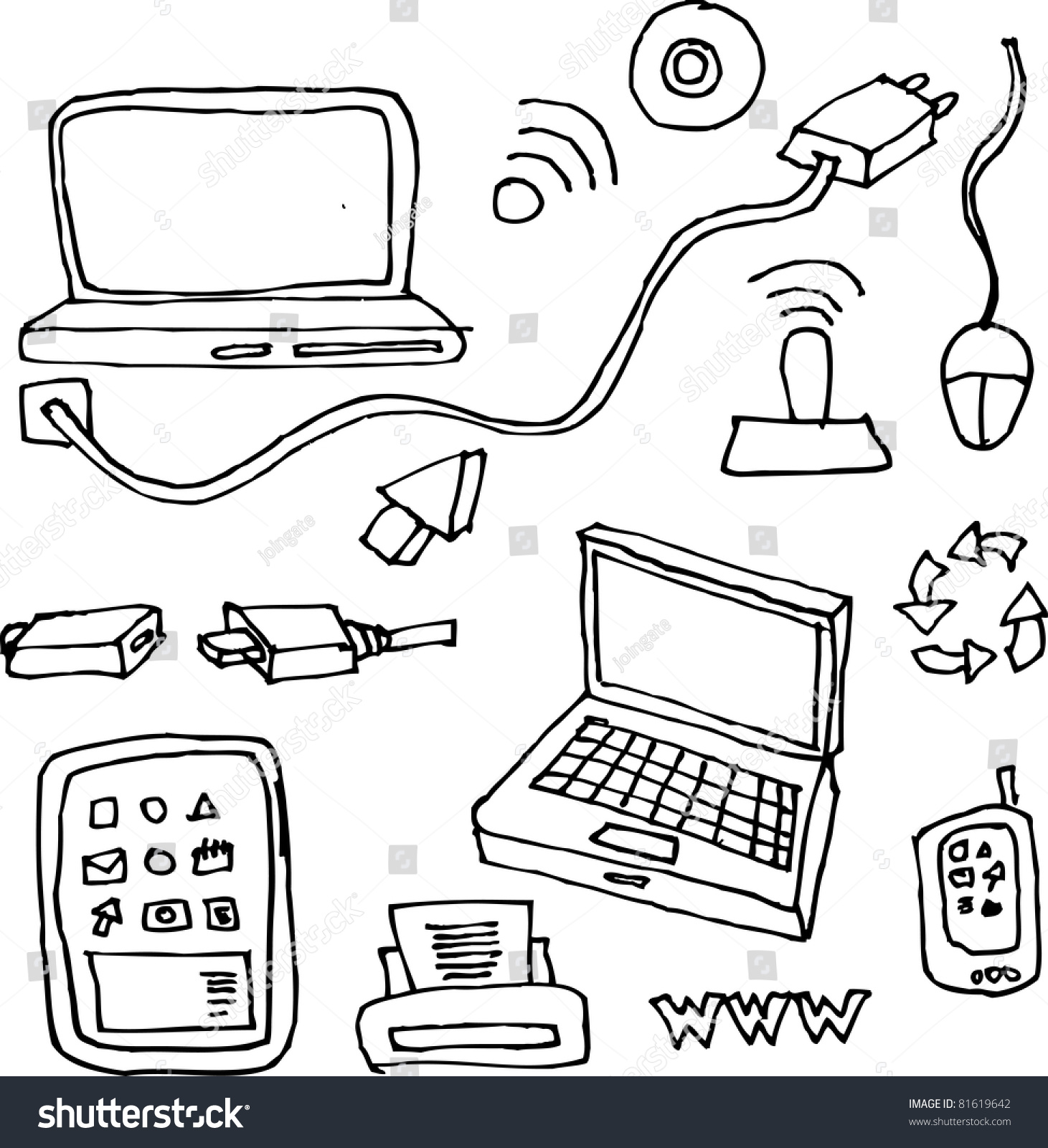 Drawing By Hand Of Computers, Tablets, Printers, Cables And Network ...