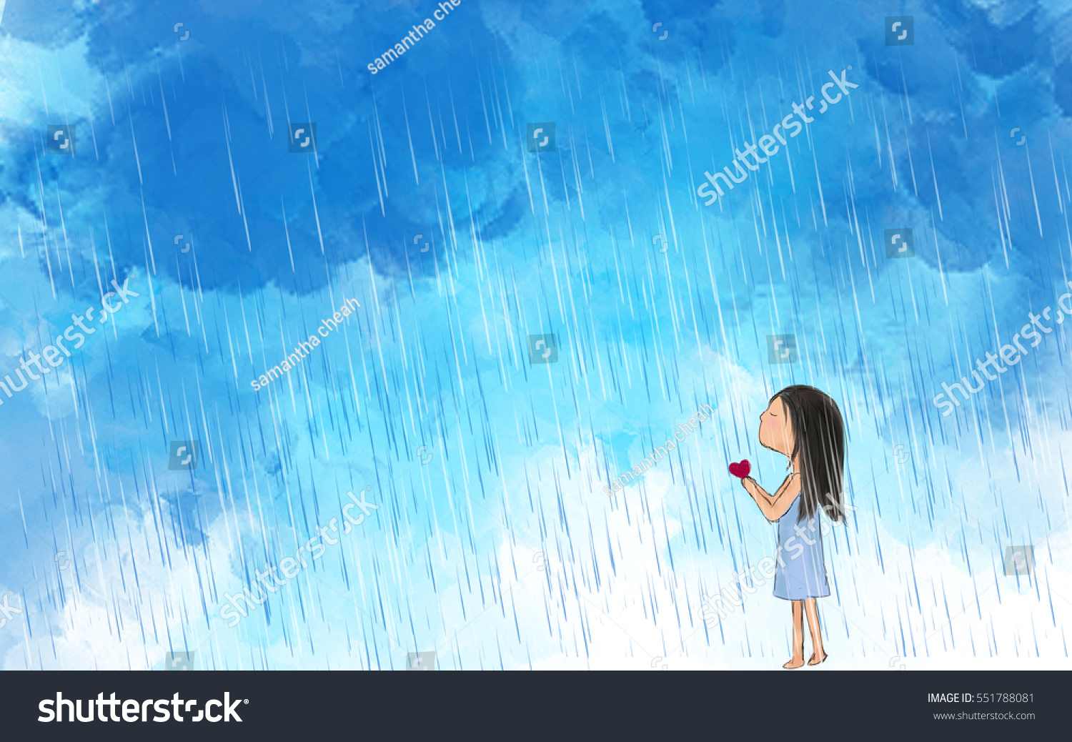 雨の空を望む心を持つ孤独な女の子のイラストを描く バレンタイン 傷つく 悲しみ 愛 芸術 関係のアイデア グラフィックテンプレートの壁紙の背景 の イラスト素材