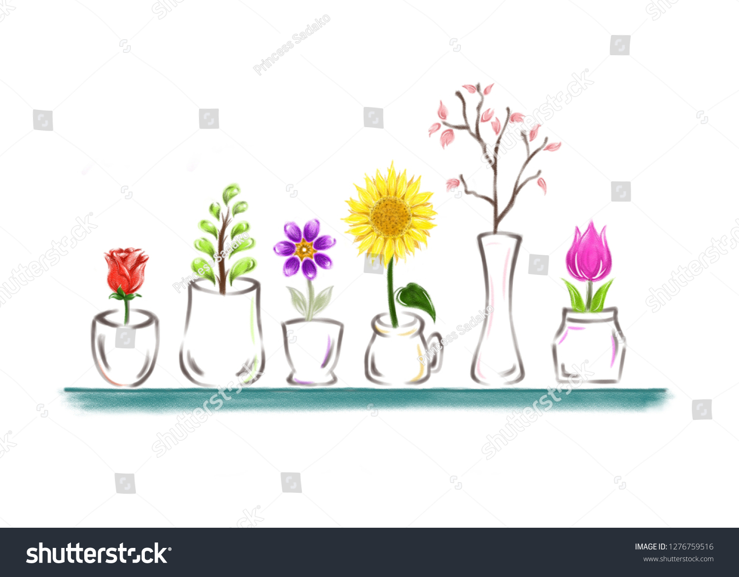 Drawing Five Flower Pots Different Kinds Stock Illustration 1276759516