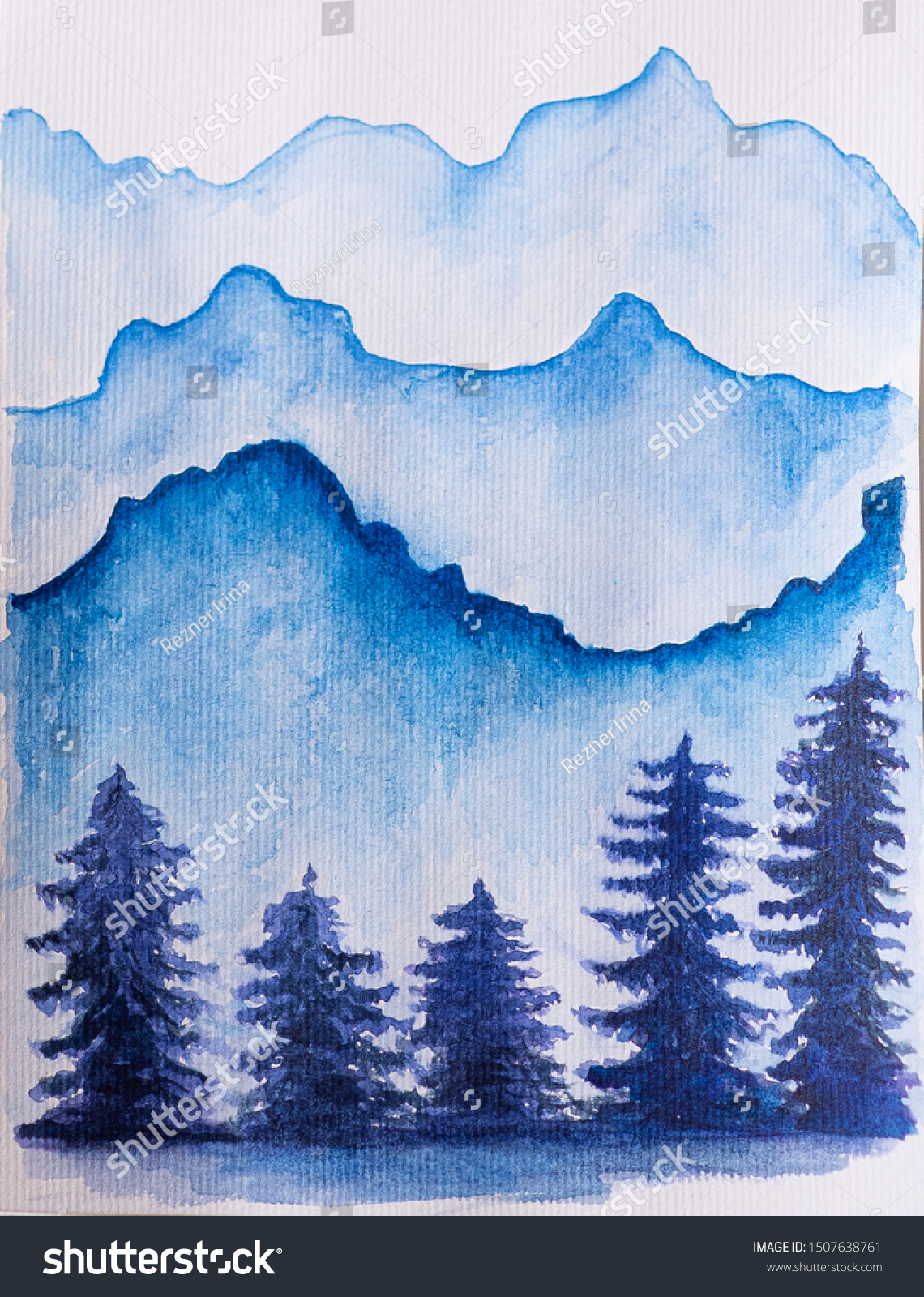 Drawing Watercolor Landscape Mountains Trees Blue Stock Photo Edit Now 1507638761 If you have paints markers crayons or colored pencils handy you can use these to shade your finished drawing. https www shutterstock com image photo drawing watercolor landscape mountains trees blue 1507638761