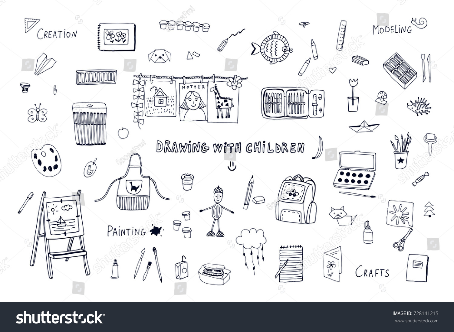Drawing Children Lesson School Objects Doodle Stock Illustration