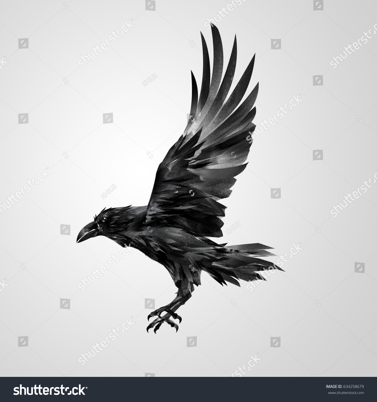 Drawn Realistic Flying Isolated Crow Stock Illustration 634258679