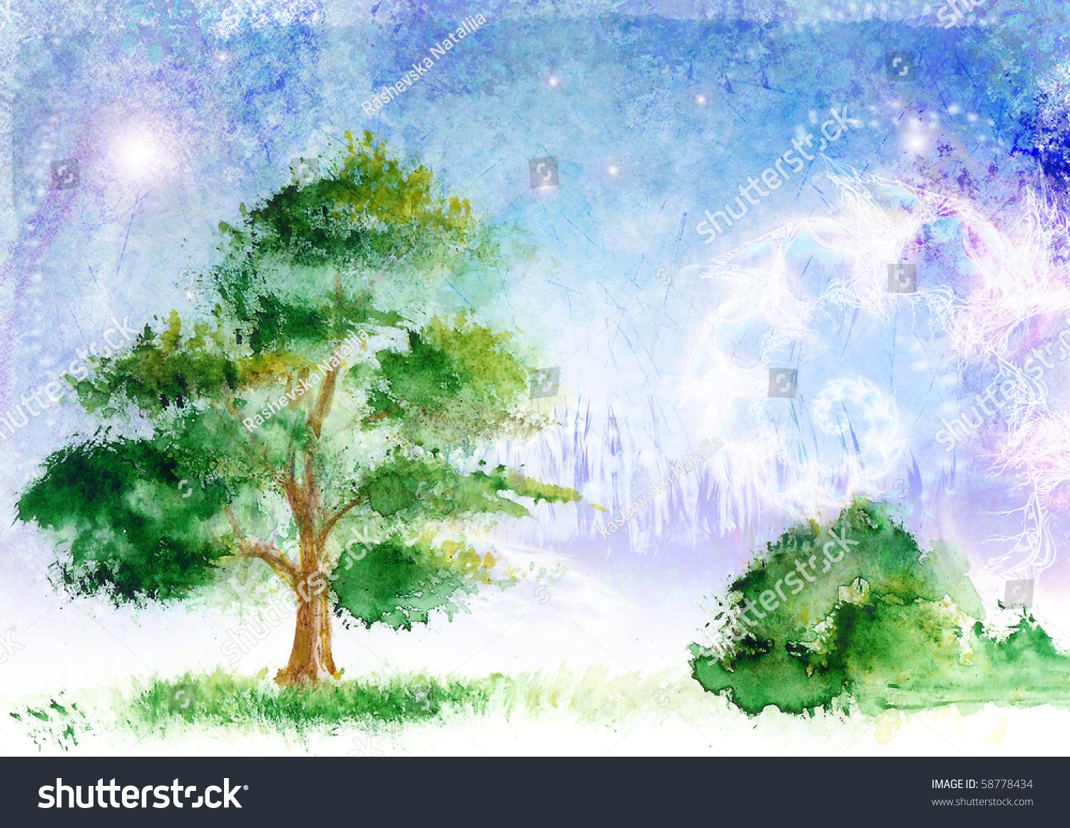 Drawn Watercolor Landscape, Evening Fairytale Stock Photo 58778434 ...