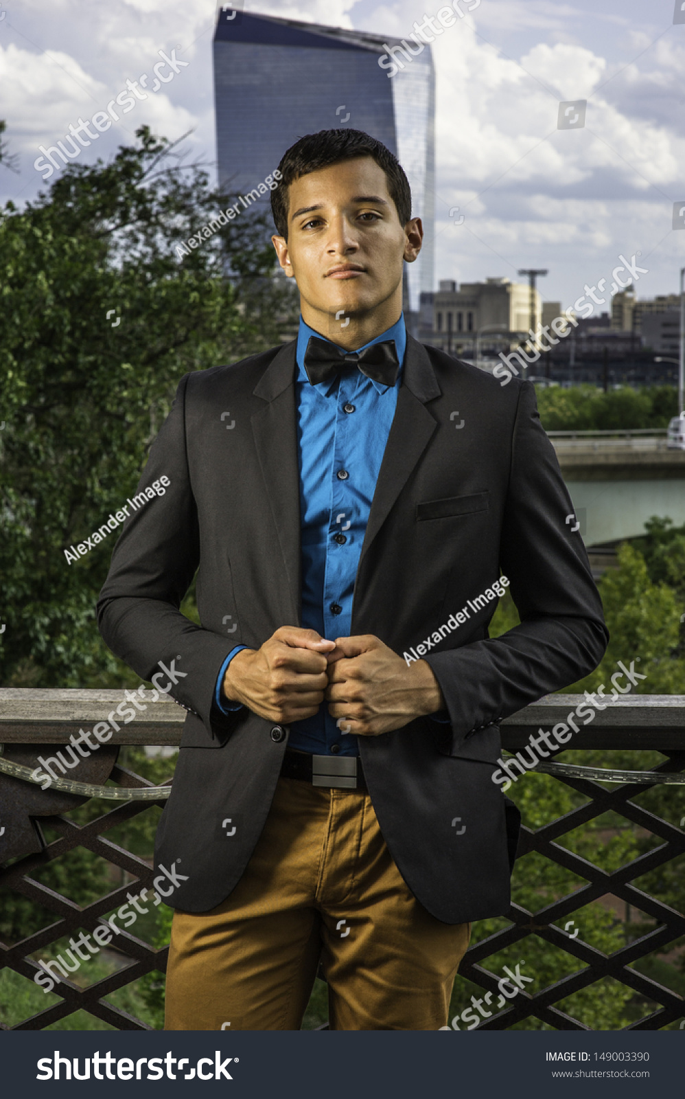 black blazer and blue shirt