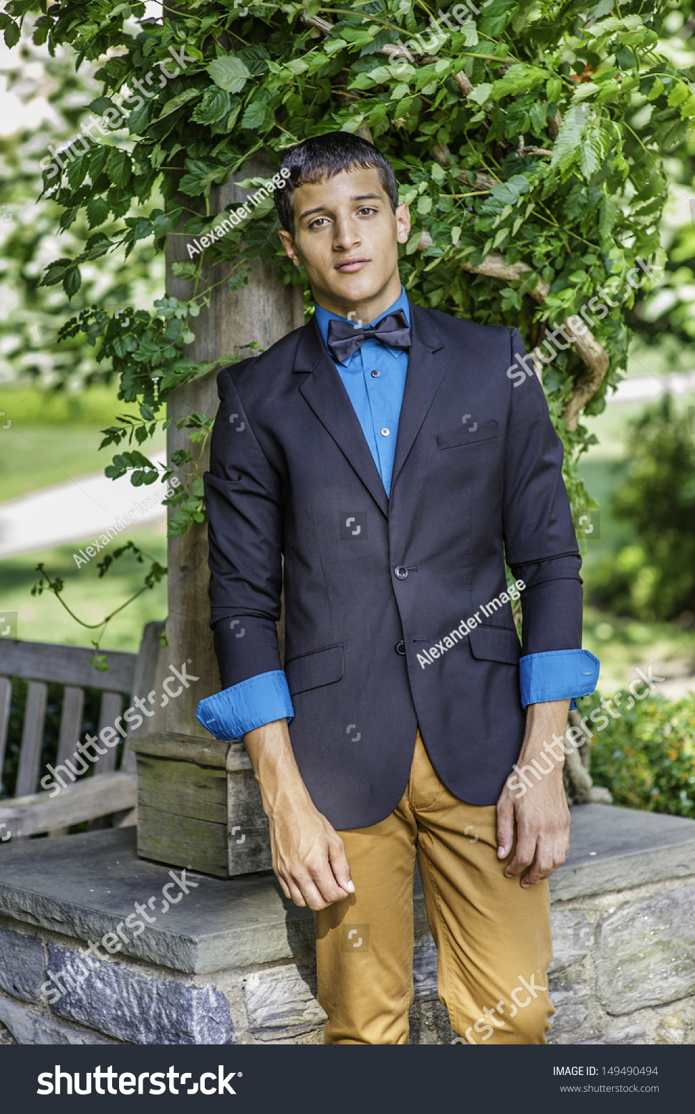 blue suit with brown pants