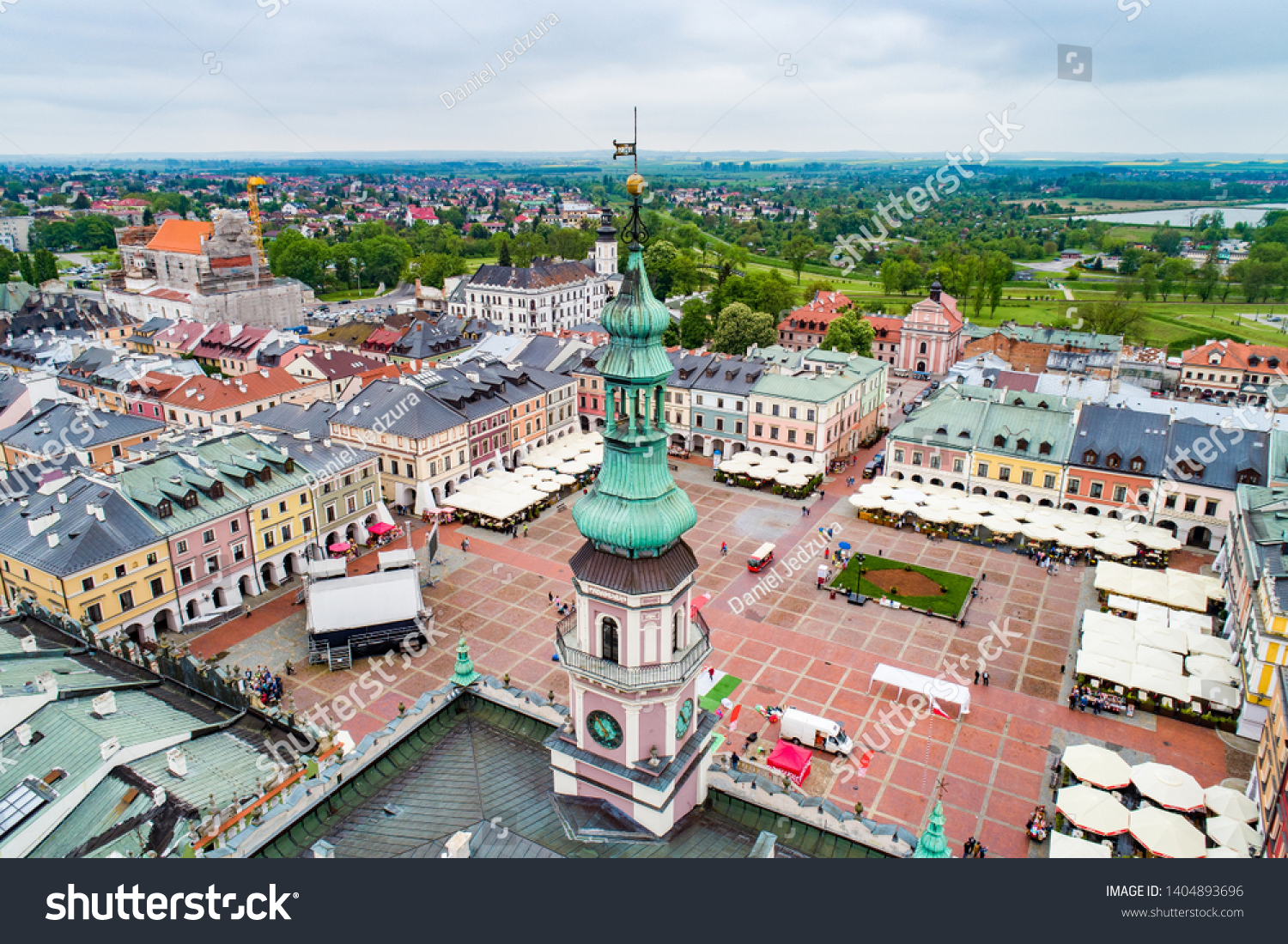 Drone view on Zamosc old town and city main square with town hall. Zamosc is a city in southeastern Poland, situated in the southern part of Lublin Voivodeship. Zamosc, Poland, Europe