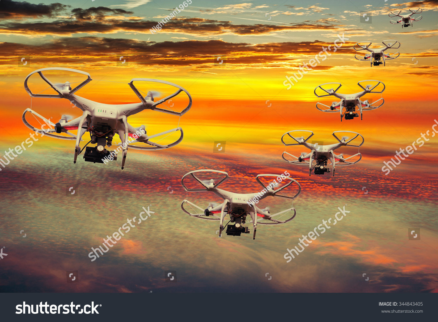 Drones Squadron In The Sunset With Dark Clouds. Stock Photo 344843405 ...