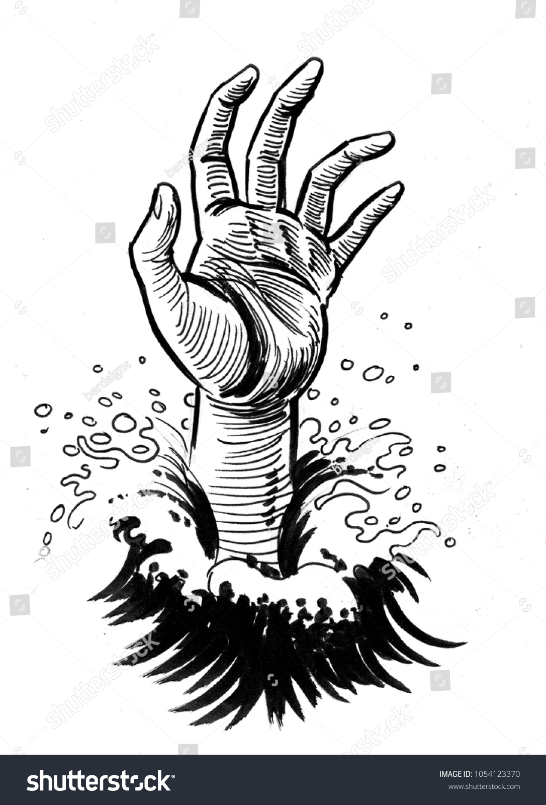 Drowning Hand Ink Black White Illustration Stock Illustration