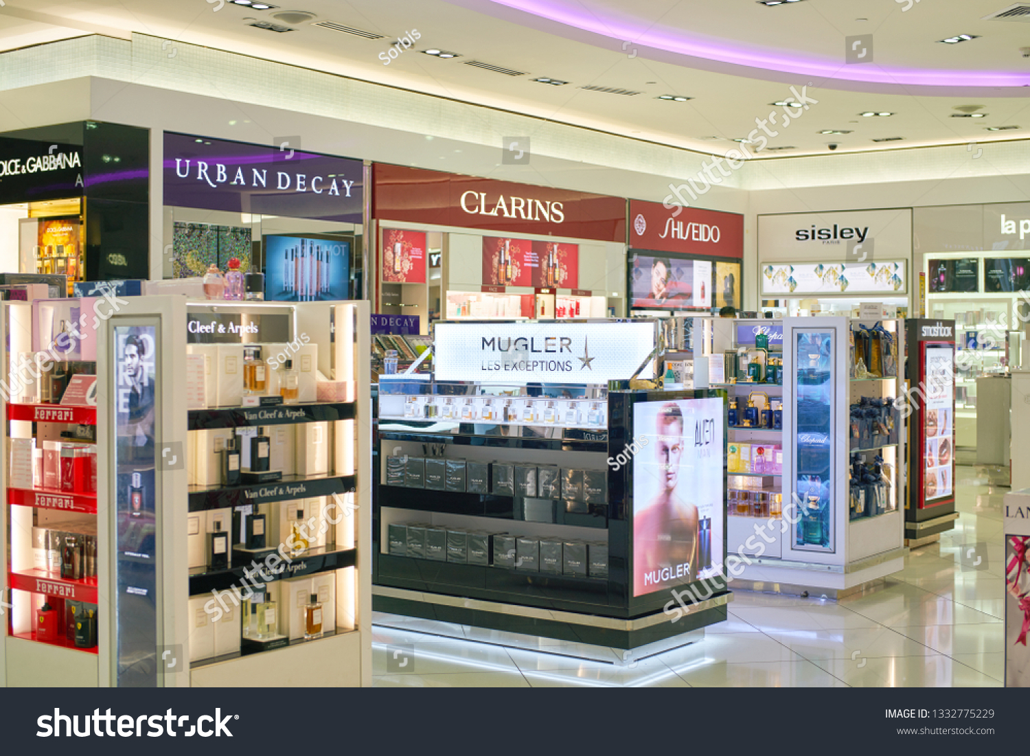 Stock Photo Dubai Uae Circa February Perfumes On Display In Duty Free At Dubai International Airport 1332775229 