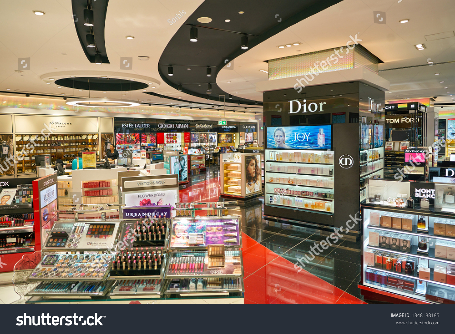 Stock Photo Dubai Uae Circa January Perfumes And Cosmetics Products On Display At Dubai International 1348188185 
