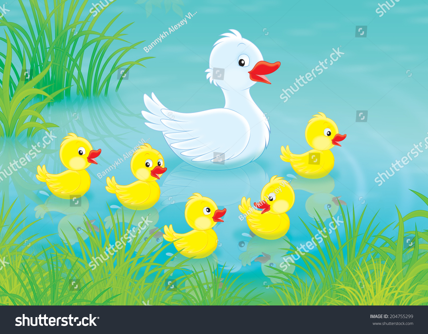 Duck Ducklings Swimming Pond Stock Illustration 204755299