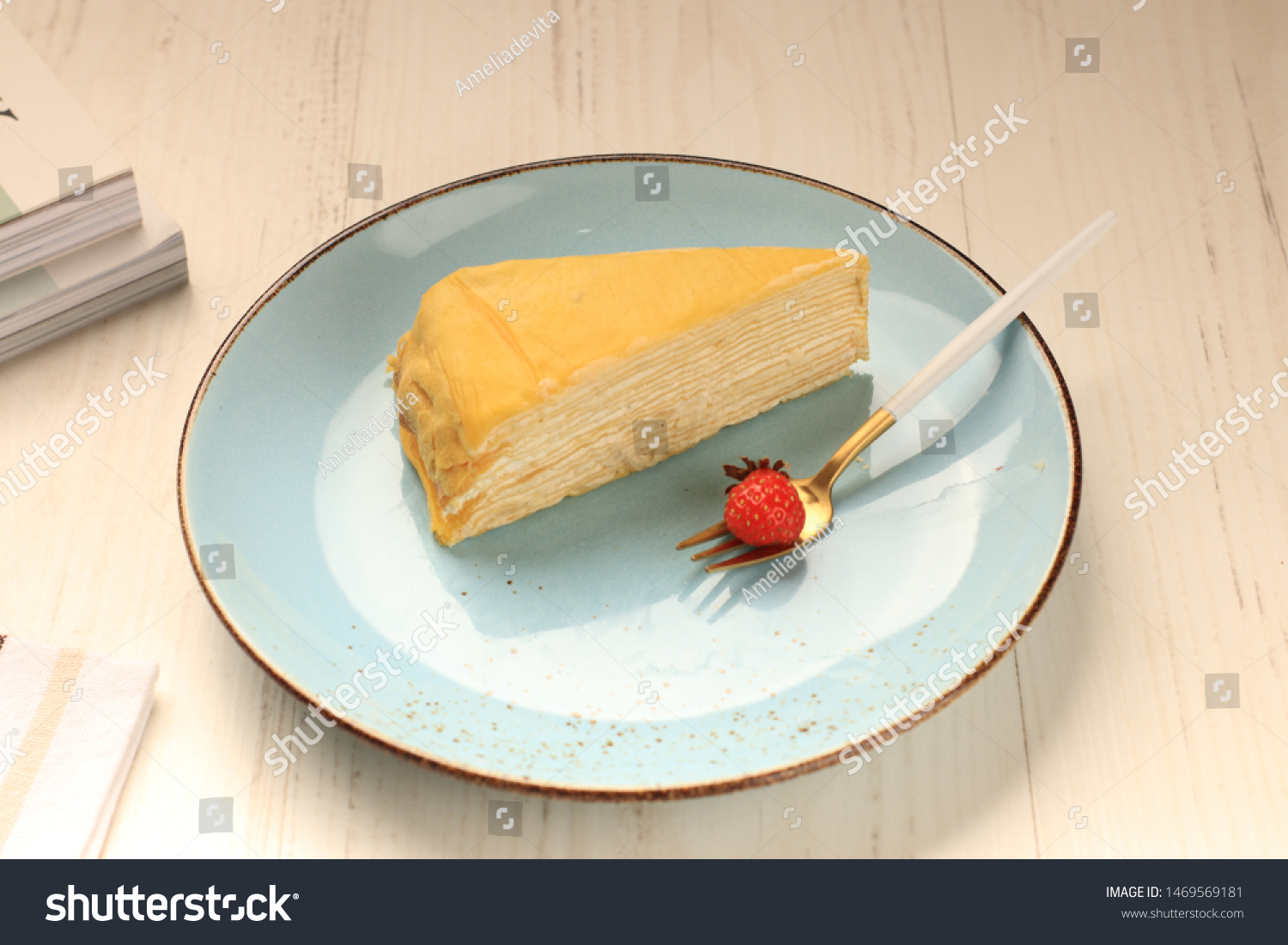 Durian Mille Crepes Cake On Blue Stock Photo Edit Now 1469569181