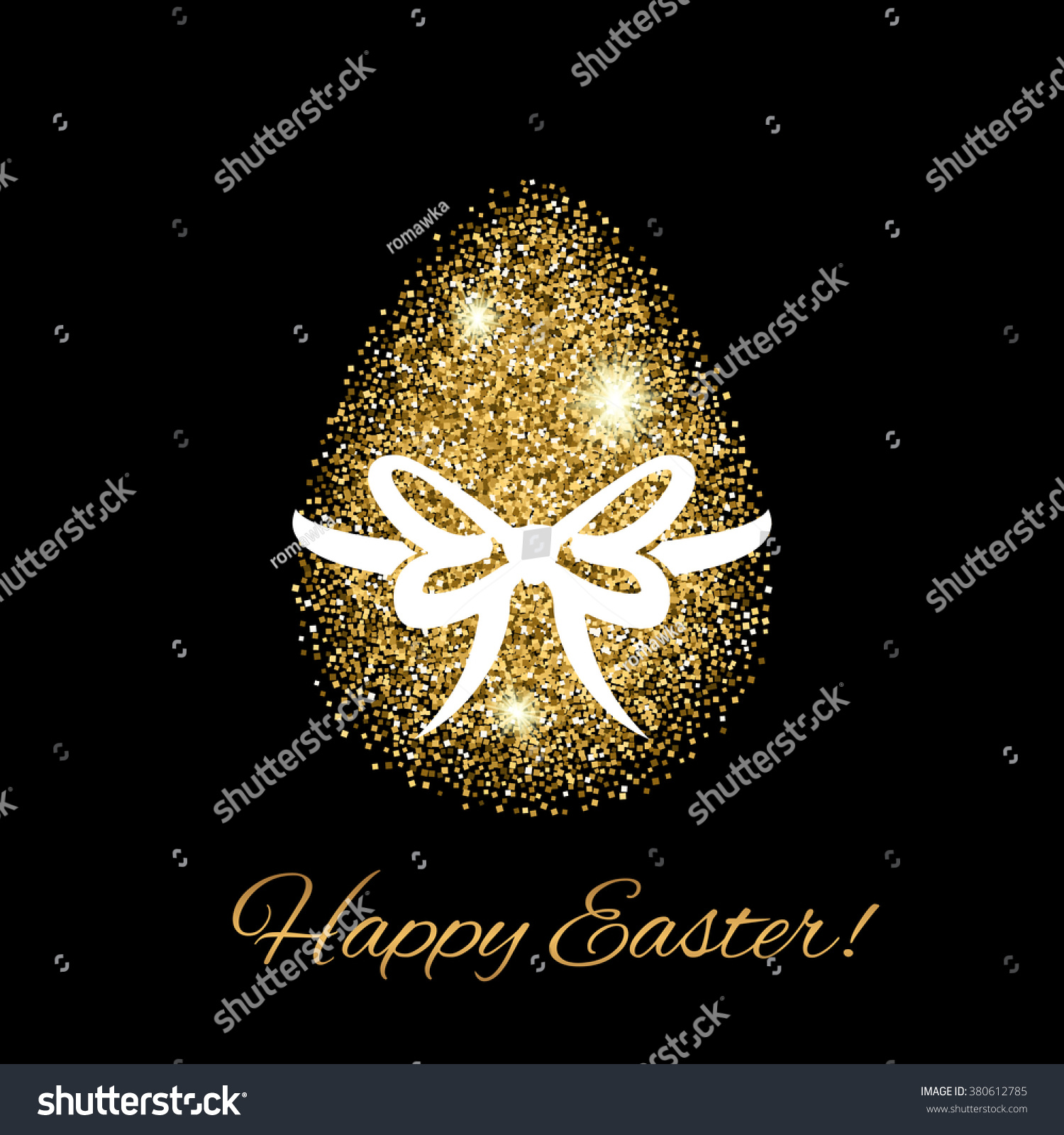 Easter greeting card with gold glitter egg. Easter icon.