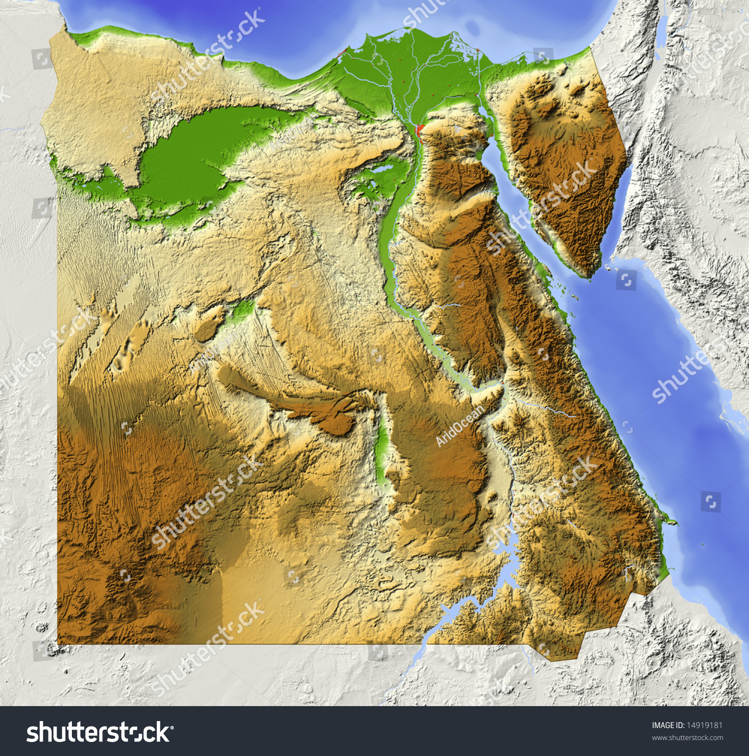 Stock Photo Egypt Shaded Relief Map With Major Urban Areas Surrounding Territory Greyed Out Colored 14919181 