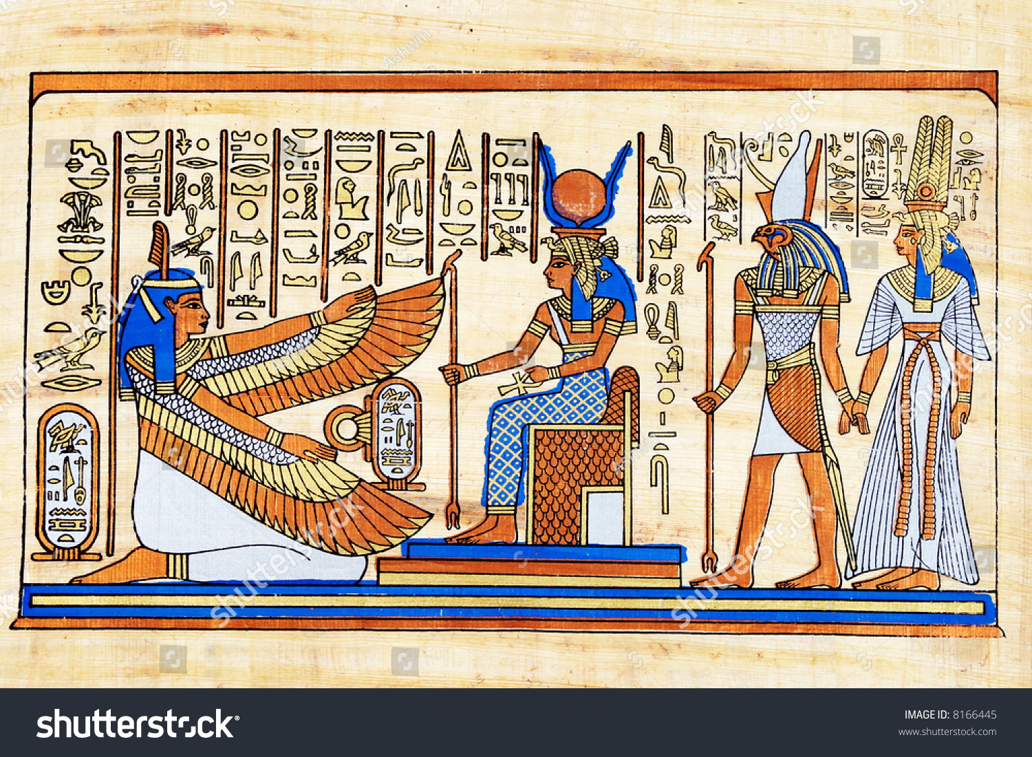 80x30 Cm Pharaoh Isis Winged With Maat Original Hand Painted Papyrus 32"X12" 