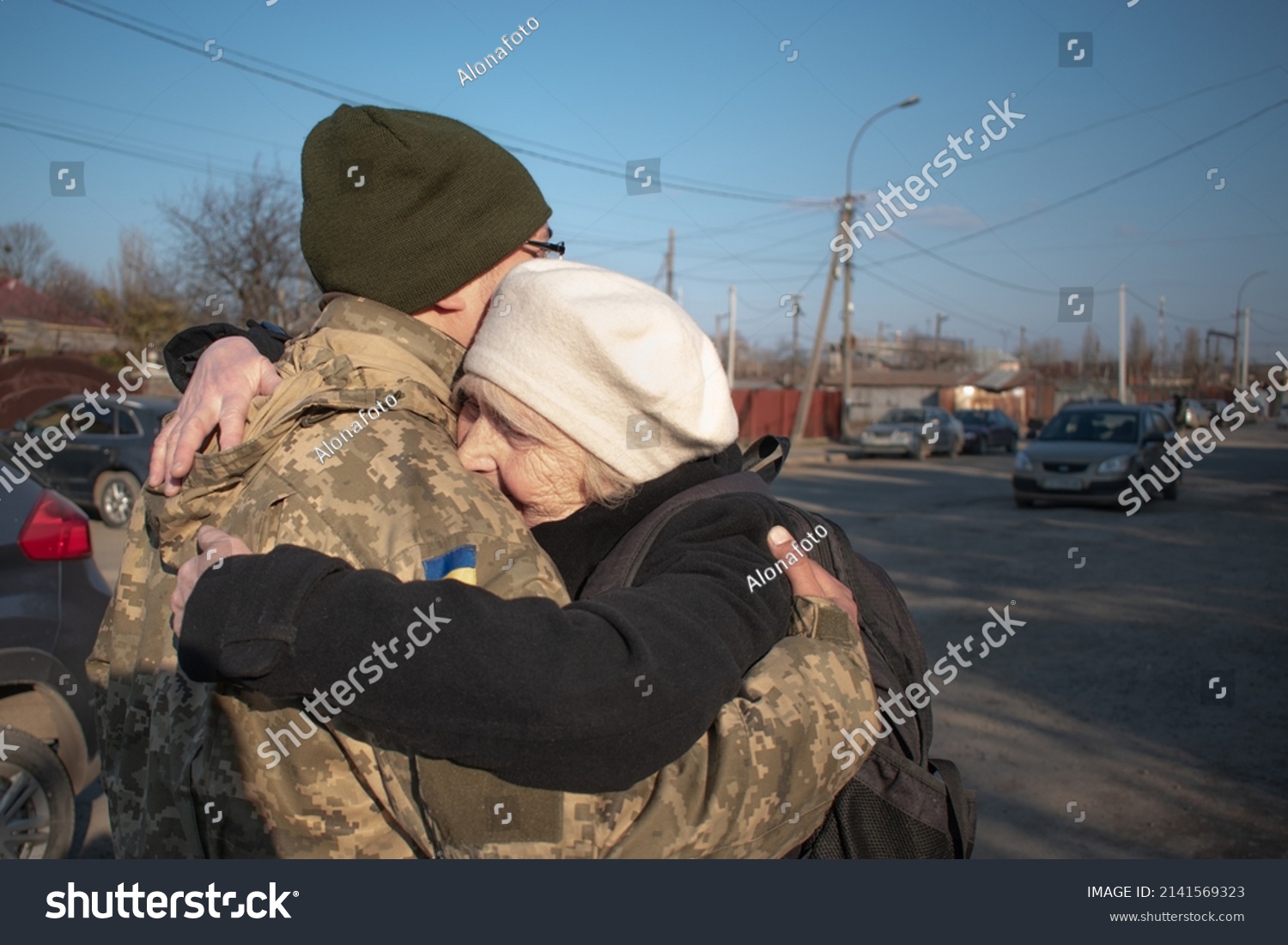 Elderly Mother Says Goodbye Her Military Stock Photo 2141569323 ...