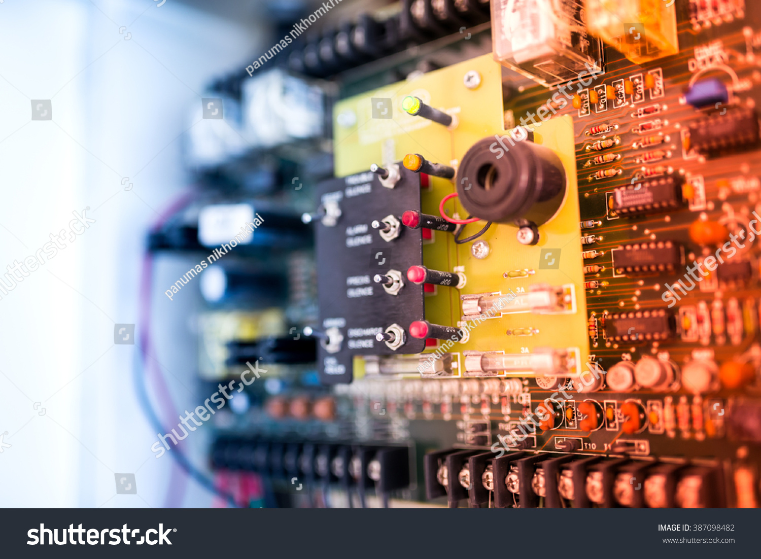 Electric outdoor fuse box in soft light .