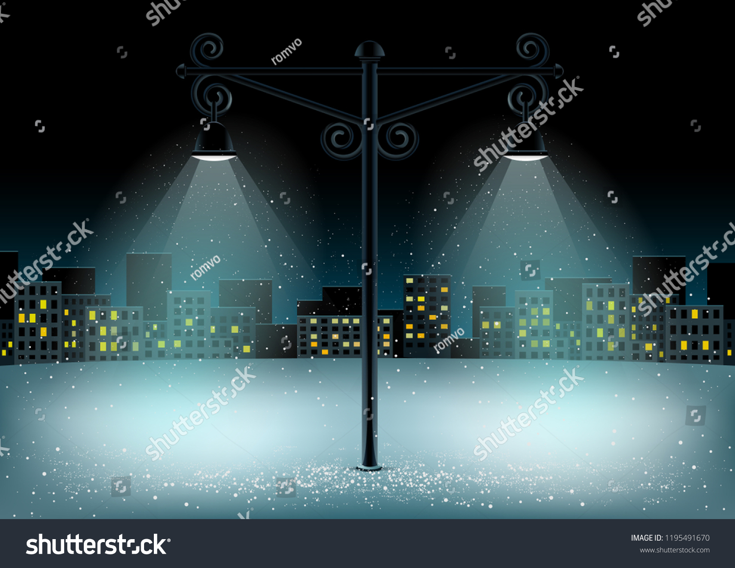 Electric Pillar Lamps Lights Falling Snow Stock Illustration