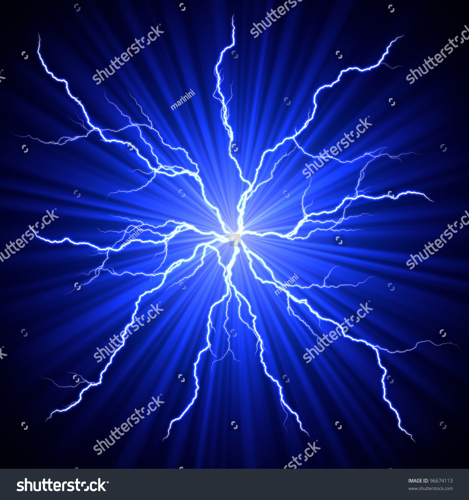 Electrical White Blue Lightnings Fireball Over Dark Background Stock ...