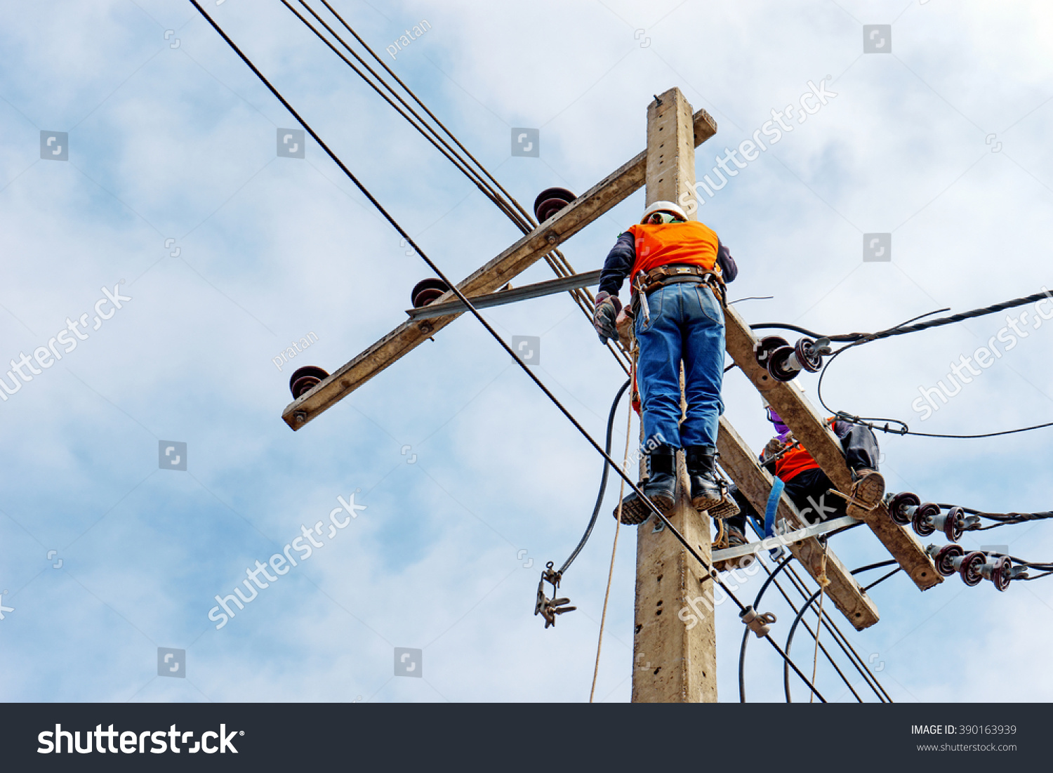 Electrician Lineman Repairman Worker Climbing Work Stock Photo (edit 