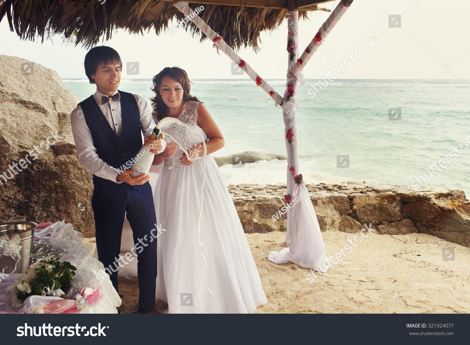 Elegant Gorgeous Bride Groom Tropical Bungalow Stock Photo Edit