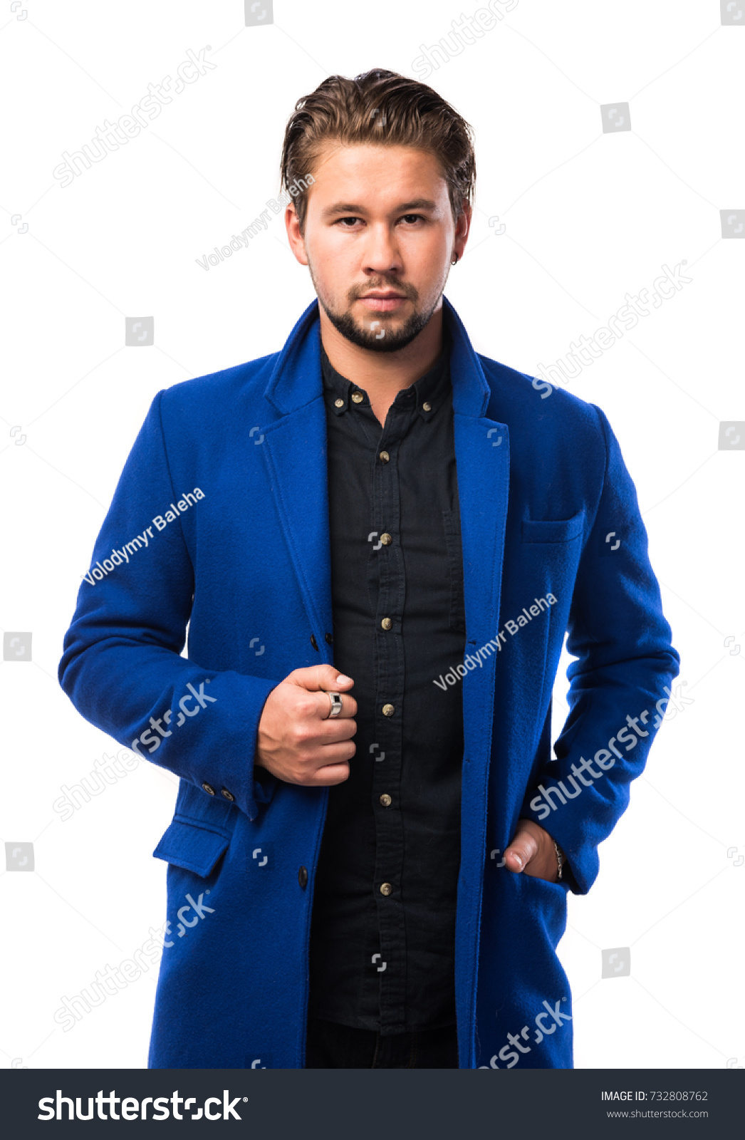 black shirt with blue coat