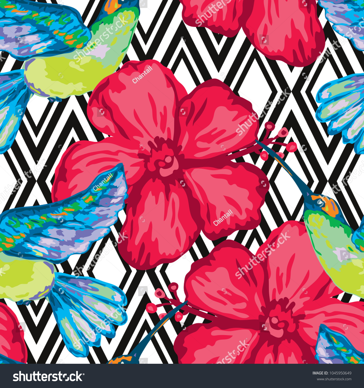 Elegant Seamless Pattern Colibri Hibiscus Design Stock Illustration