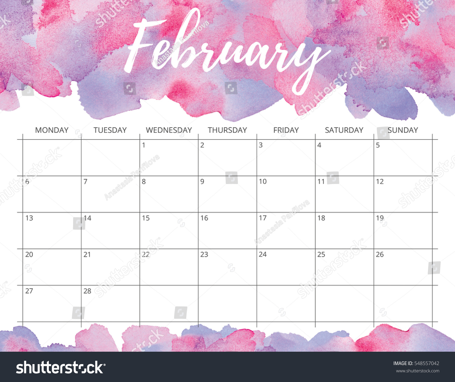 Elegant Watercolor Bright Print Ready Calendar Stock Illustration 548557042