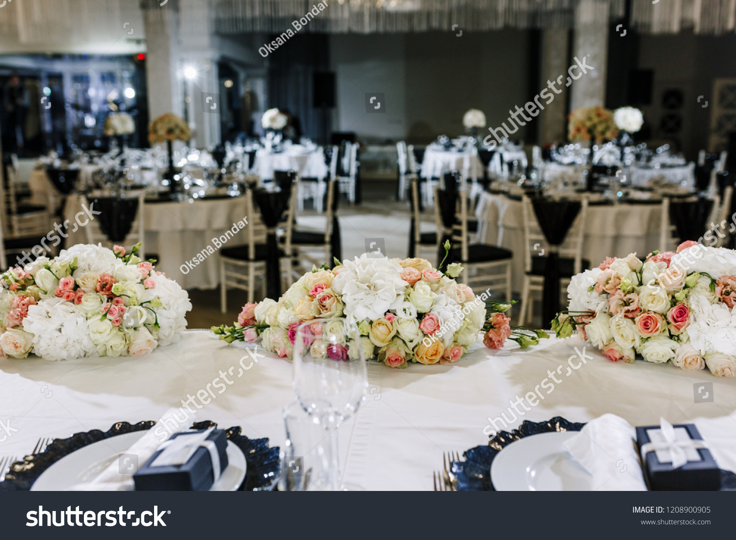 Elegant Wedding Reception Table Decor Centerpieces Stock Photo