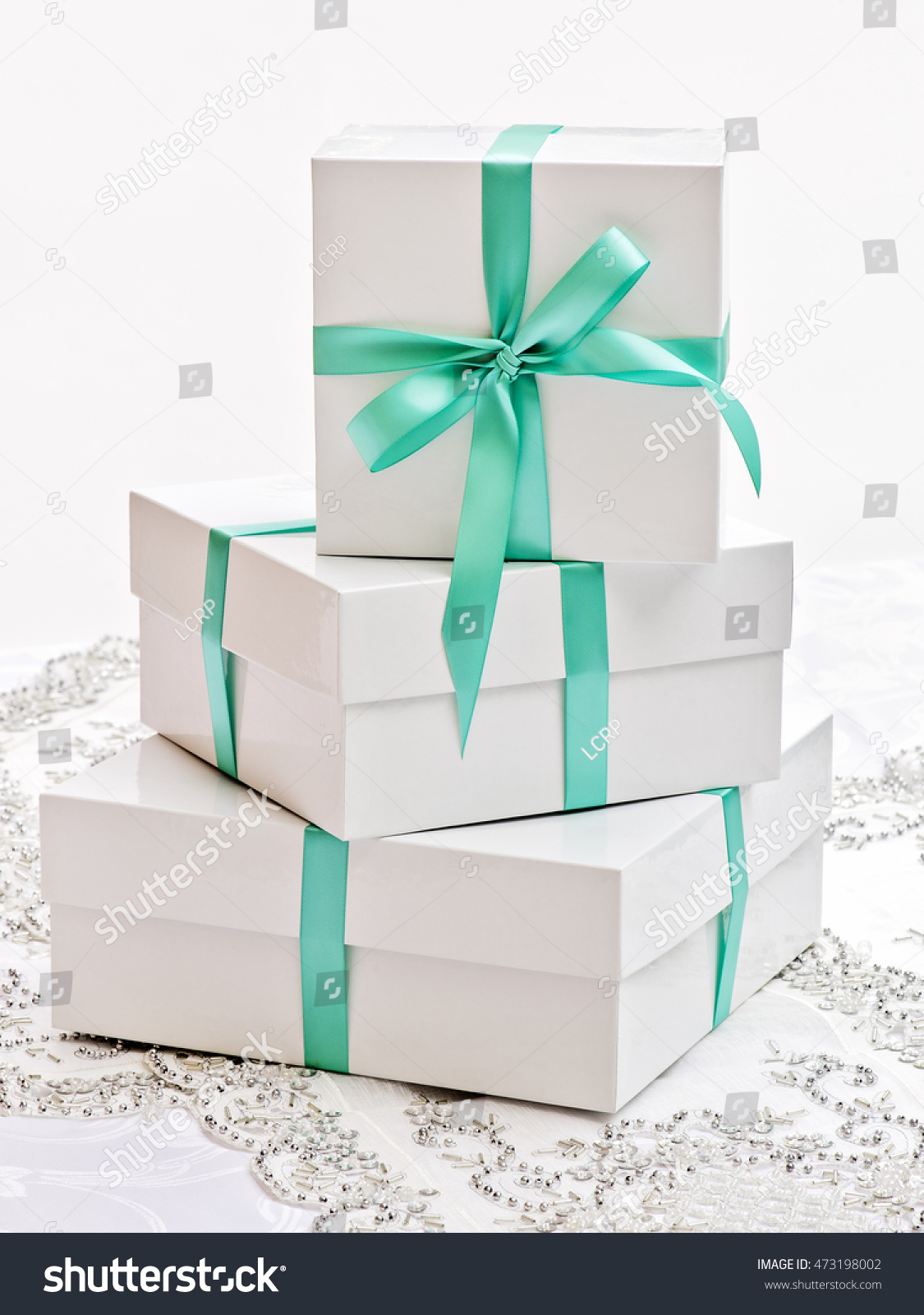 Elegant White Gift Boxes Wrapped Turquoise Stock Photo
