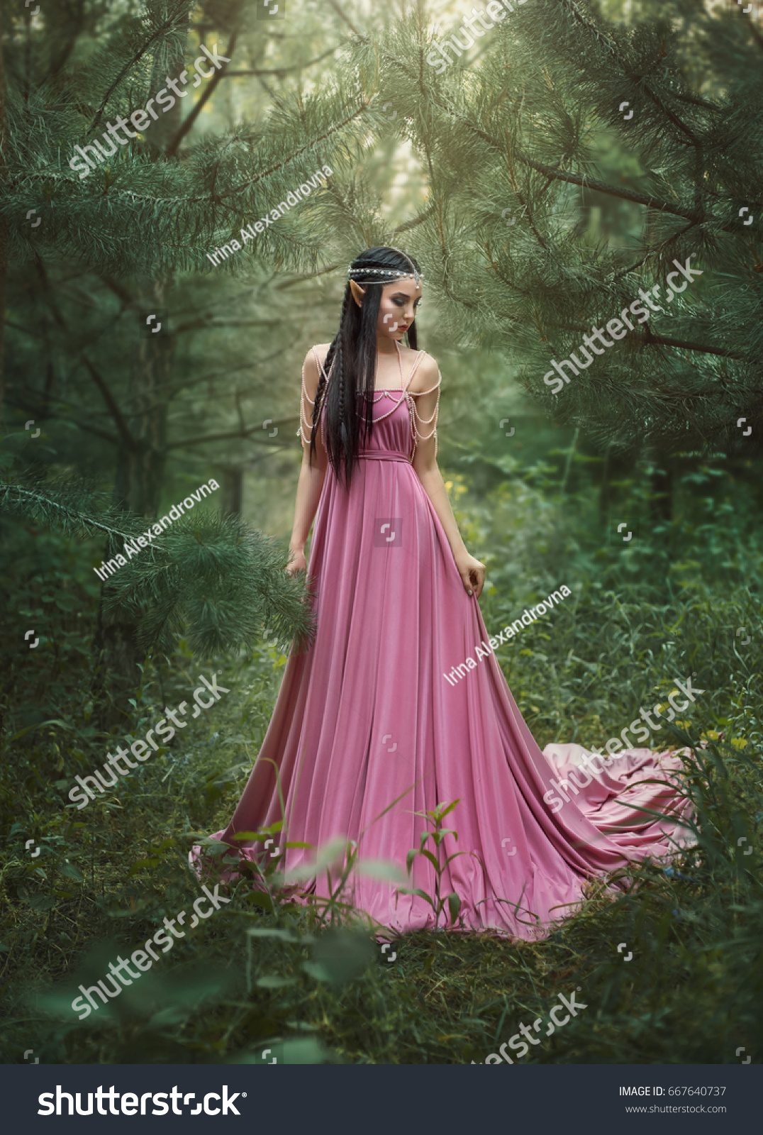Elf Queen Walks Garden Woman Long Royalty Free Stock Image