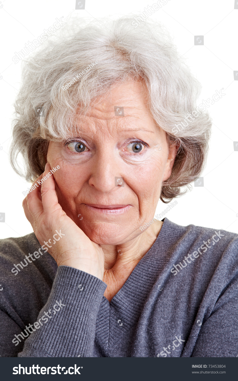 Embarrassed Old Senior Woman Looking Shy To The Side Stock Photo ...