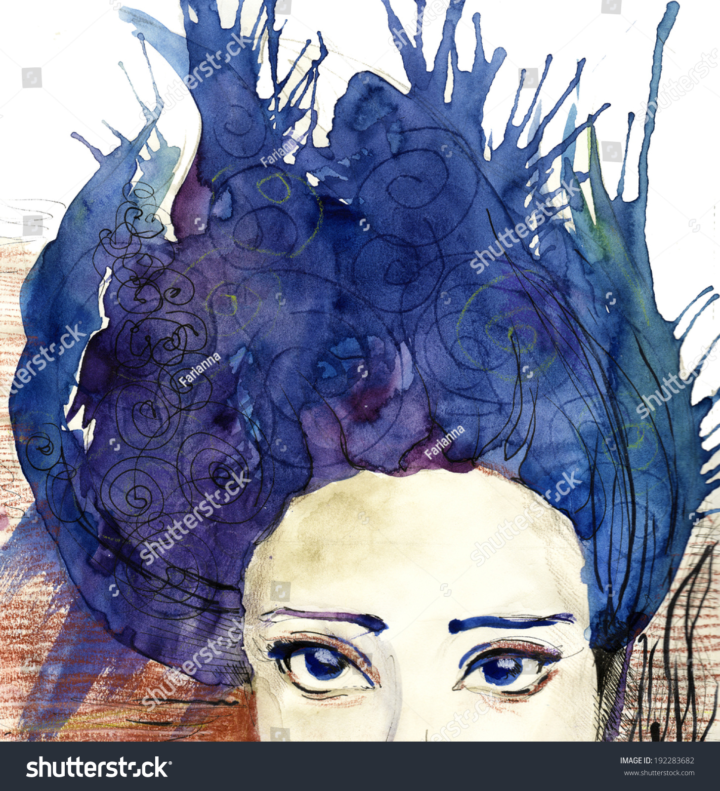Emotional Illustration Blue Haired Girl Watercolor Stock