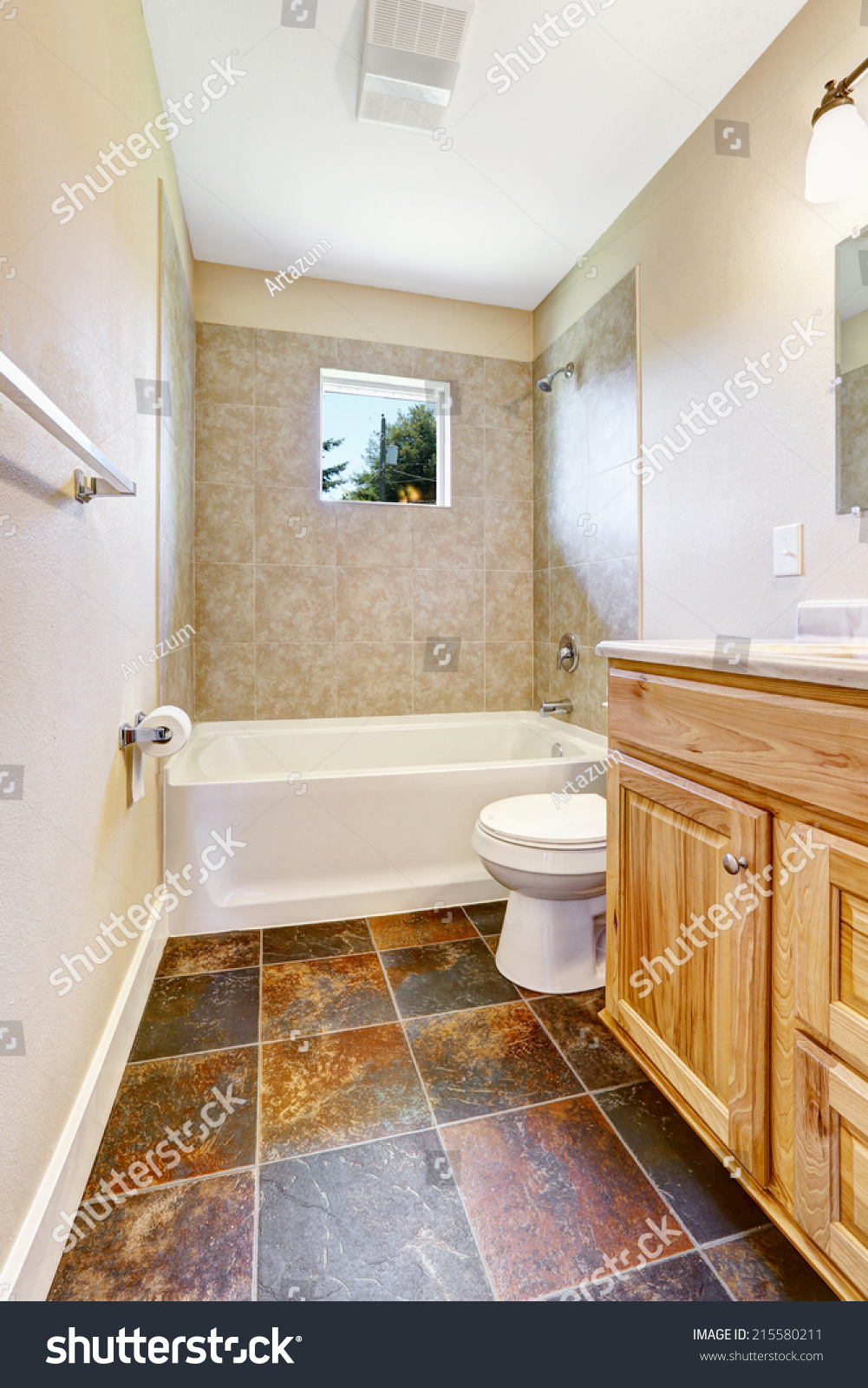 Empty Bathroom Tile Wall Trim Small Stock Photo Edit Now 215580211