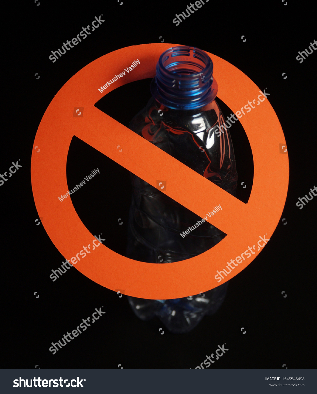  Tawny Brown Classic  Template Design Featuring Empty Blue Plastic Bottle in a Stop Sign on Black Concept of Stop Plastic Pollution