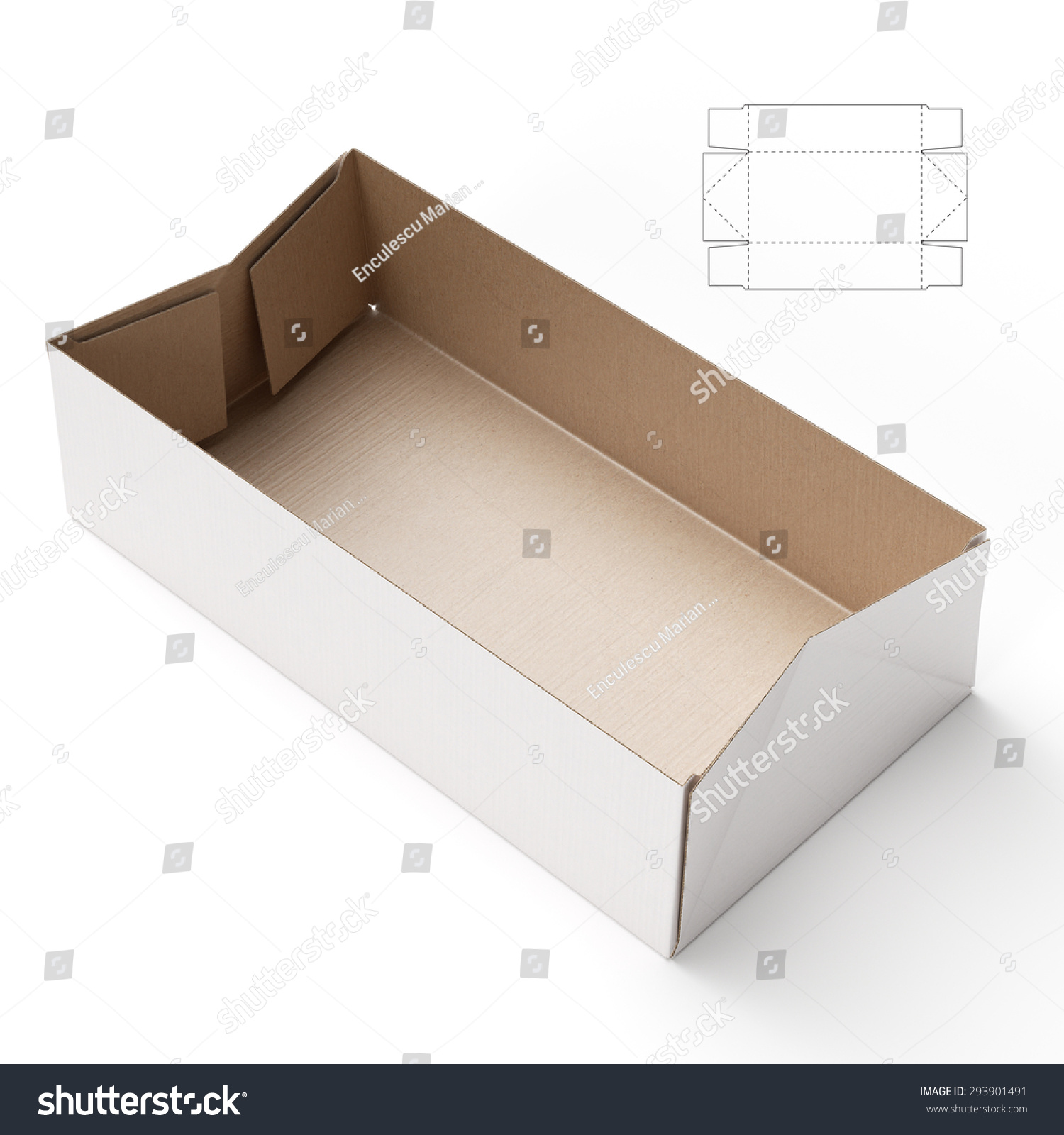 Empty Folding Tray Box With Lid And Blueprint Die Line Stock Photo ...