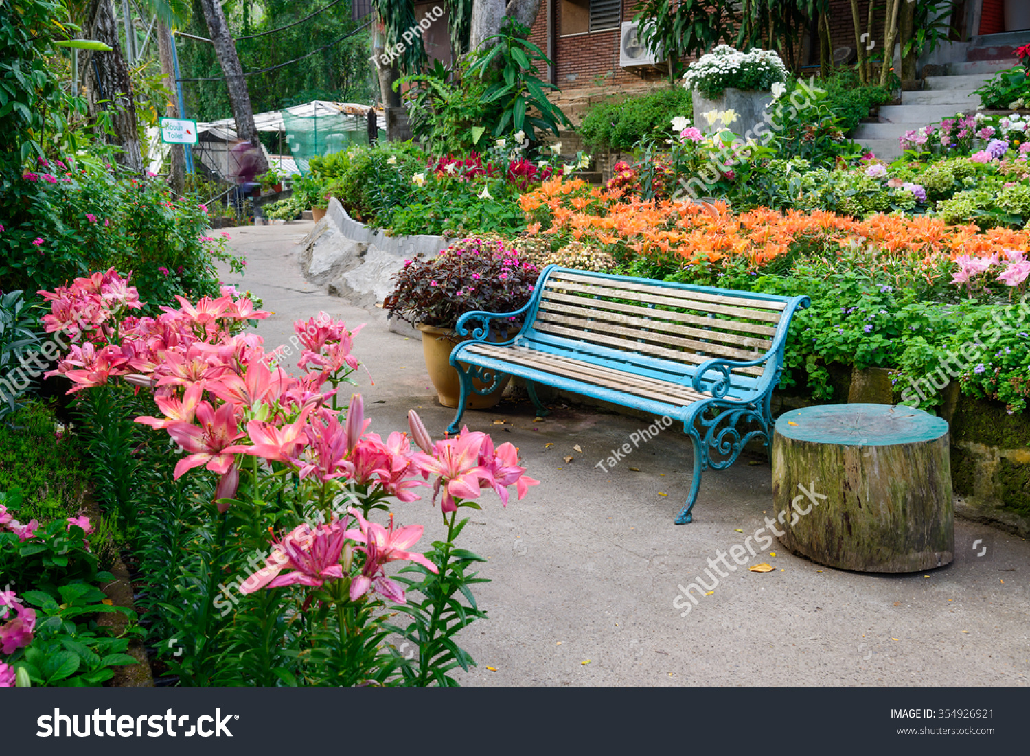 Image result for flowers and bench in garden