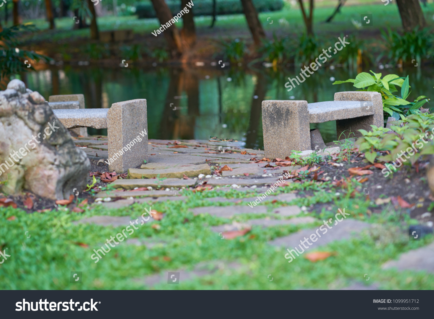 Empty Stone Cement Benches Big Rock Stock Photo Edit Now 1099951712