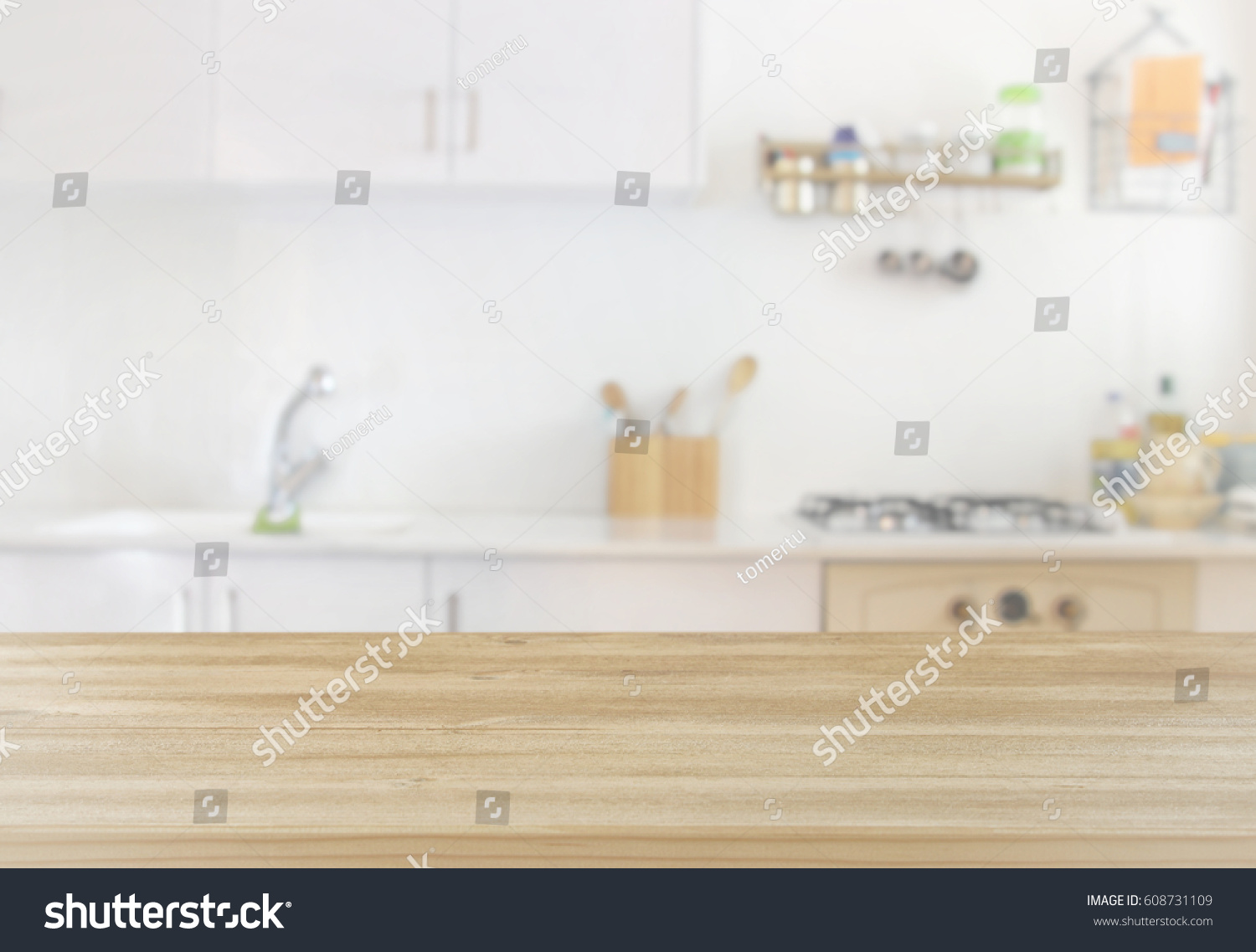 Empty Table Board Defocused Modern Kitchen Stock Photo 608731109 ...