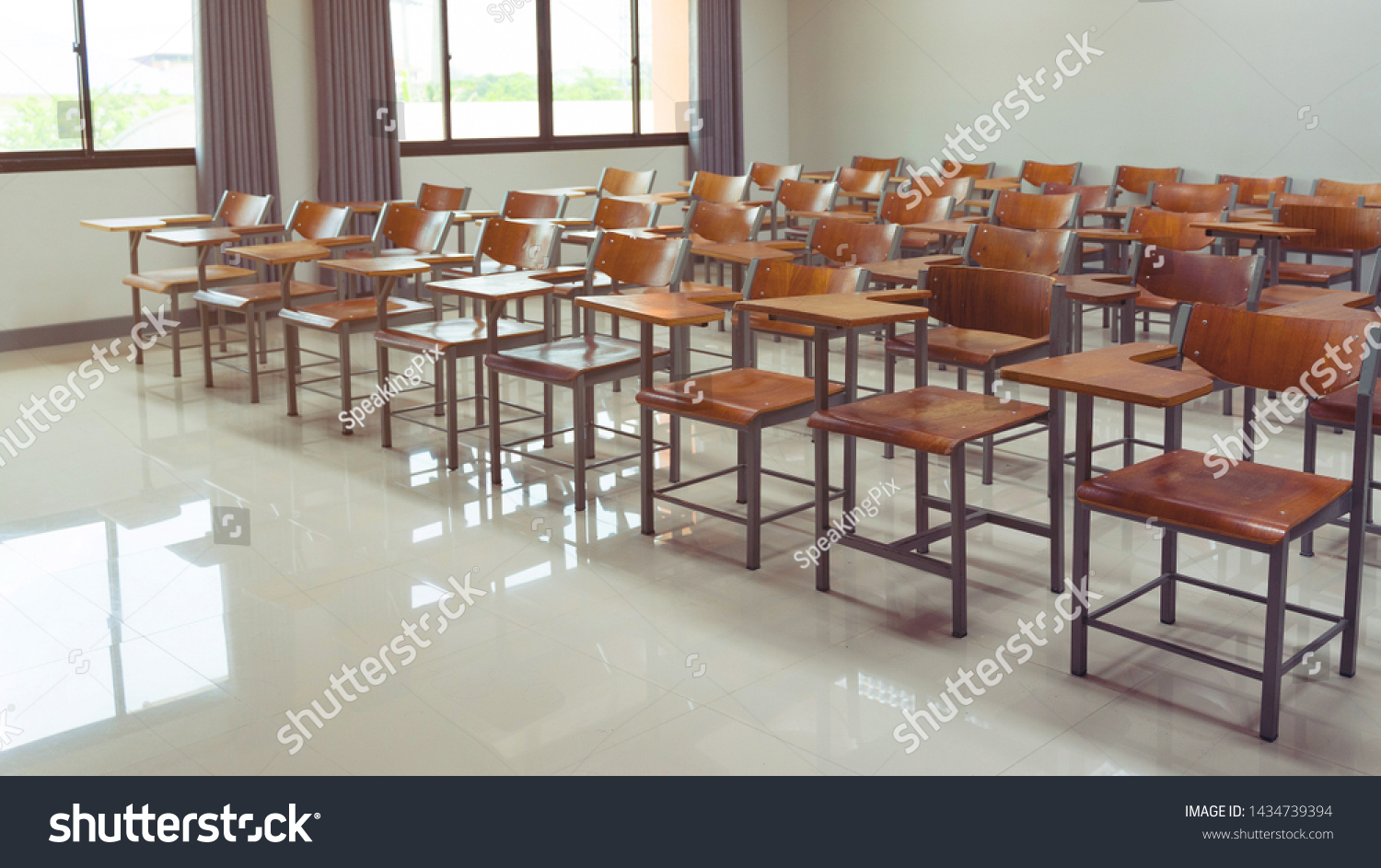 Empty University Classroom Wooden Chairs Desks Stock Photo Edit