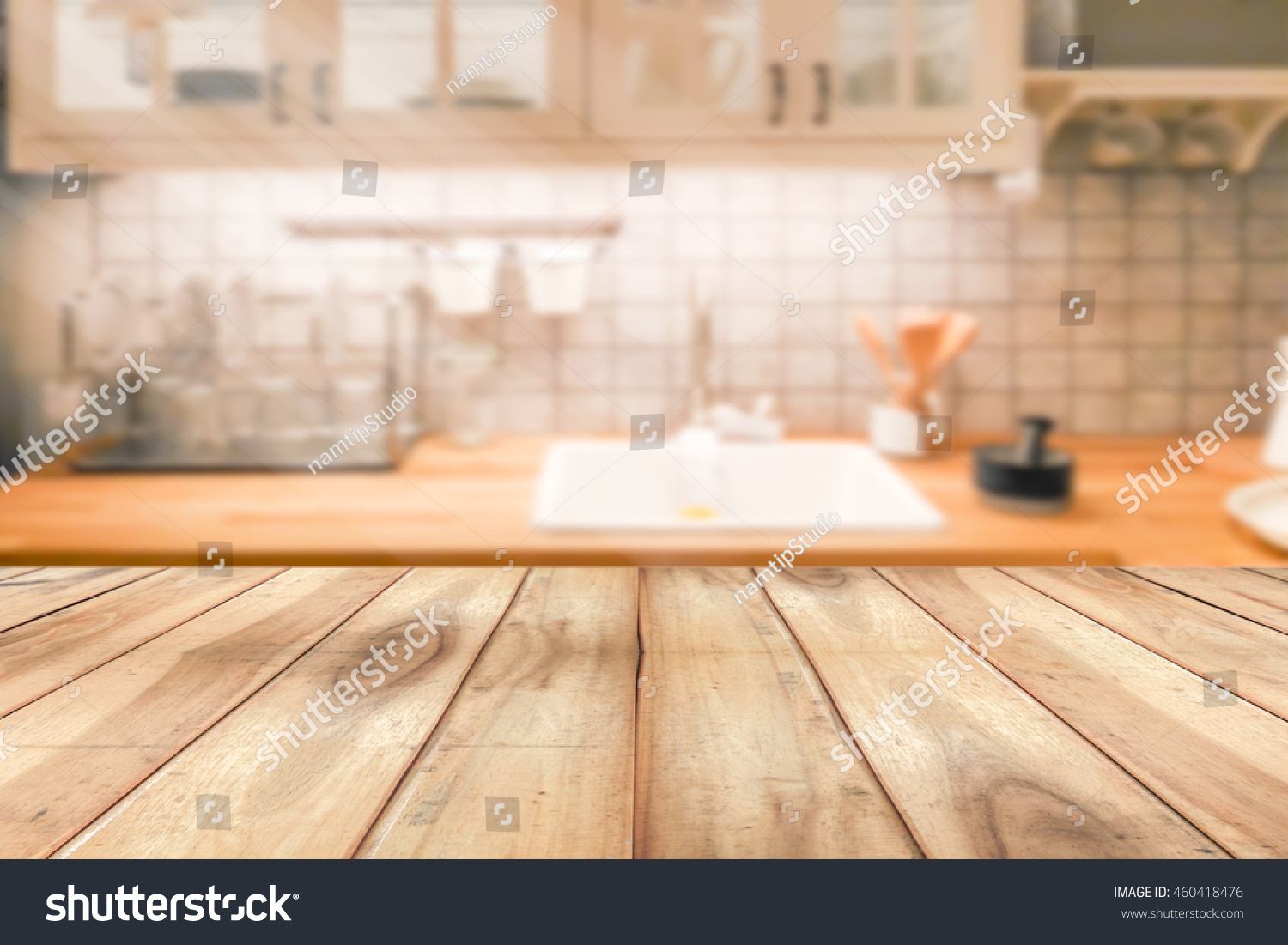 Empty Wooden Table Blurred Kitchen Background Stock Photo 460418476  Shutterstock