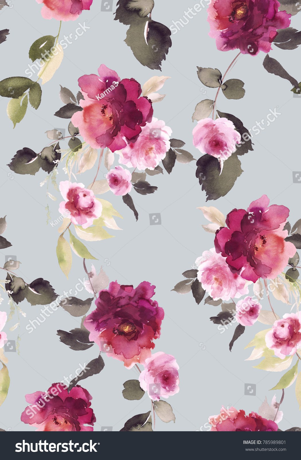 English Seamless Pattern Watercolor Roses Gray Stock Illustration ...